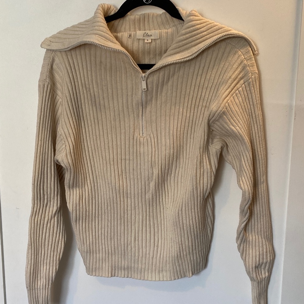 Elan Cream Ribbed Half-Zip Turtleneck Sweater